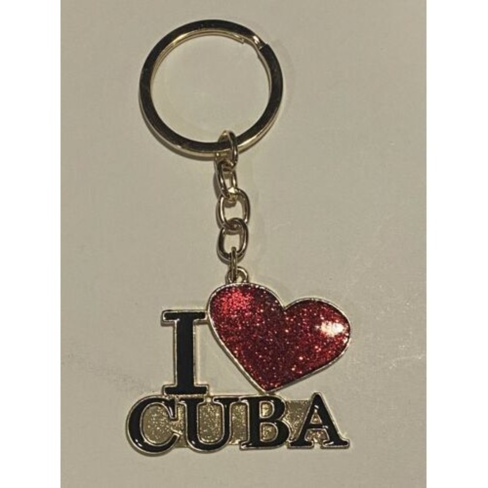 I Love Cuba Keychain with Red Glitter Heart Gold Tone Metal Souvenir Accessory